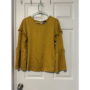 Worthington Womens Medium Blouse Yellow Woven Long Bell Sleeve Pullover Shirt